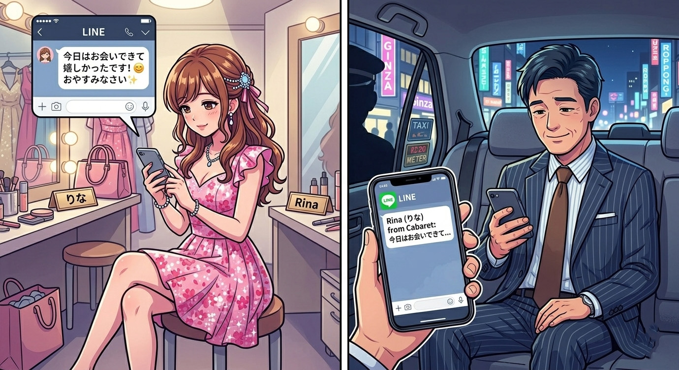 LINEをするキャバ嬢と、LINEを見る客