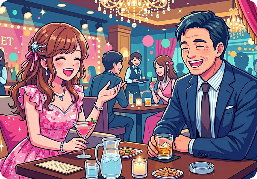 キャバ嬢とお客さんが楽しく会話するイラスト