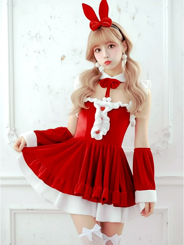 サンタコス 6点set しっぽ付きハート×リボンバニーサンタコスプレ