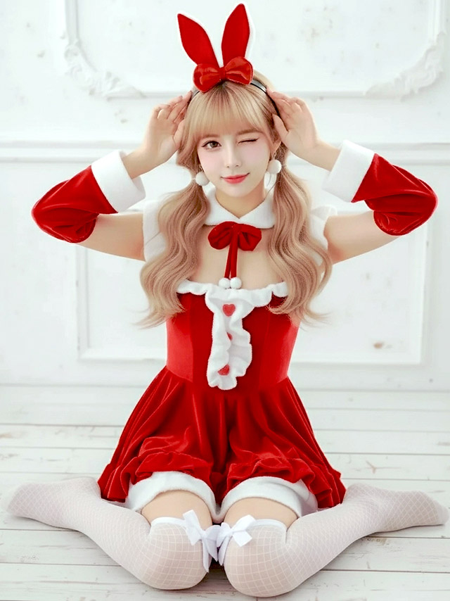 サンタコス 6点set しっぽ付きハート×リボンバニーサンタコスプレ