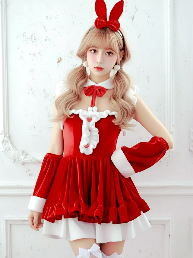 サンタコス 6点set しっぽ付きハート×リボンバニーサンタコスプレ