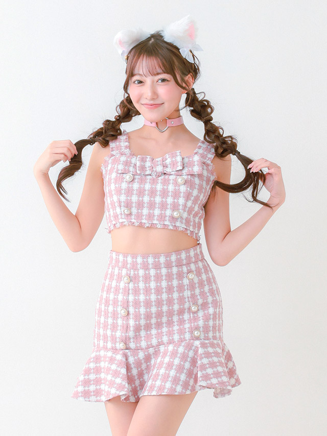 コスプレ アニマル 猫 ツイード セットアップ 千鳥柄 フレアスカート 5点セット の立ち姿イメージ画像6枚目
