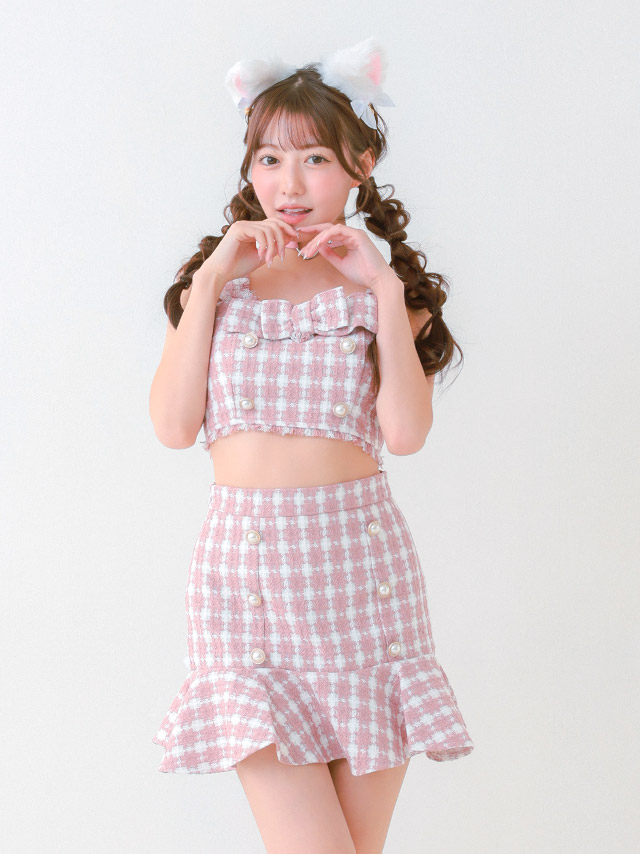 コスプレ アニマル 猫 ツイード セットアップ 千鳥柄 フレアスカート 5点セット の立ち姿イメージ画像7枚目