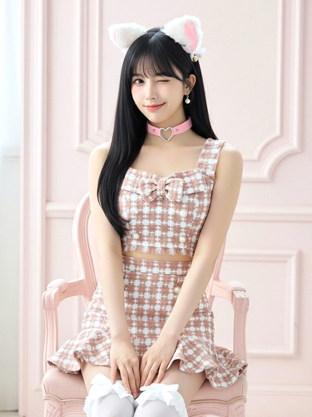 コスプレ ガーリー ノースリーブ ツイード 千鳥柄　アニマル 猫コス へそ出しの商品画像2枚目