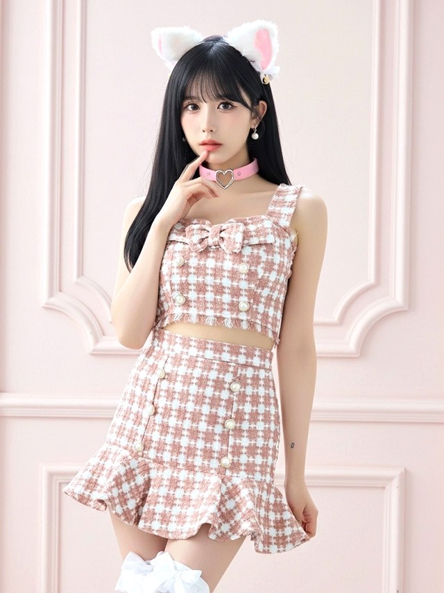 コスプレ ガーリー ノースリーブ ツイード 千鳥柄　アニマル 猫コス へそ出しの商品画像3枚目