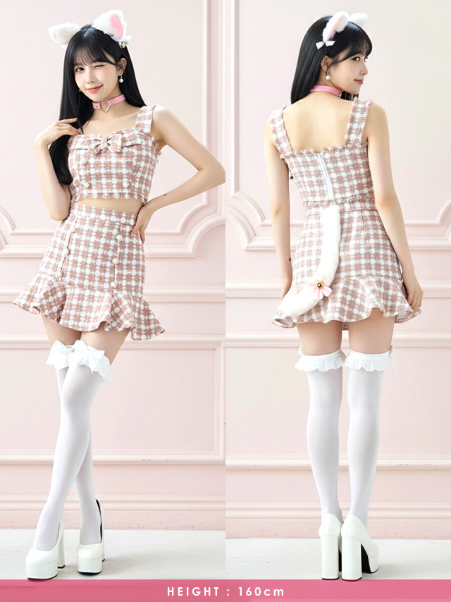 コスプレ ガーリー ノースリーブ ツイード 千鳥柄　アニマル 猫コス へそ出しのフロント