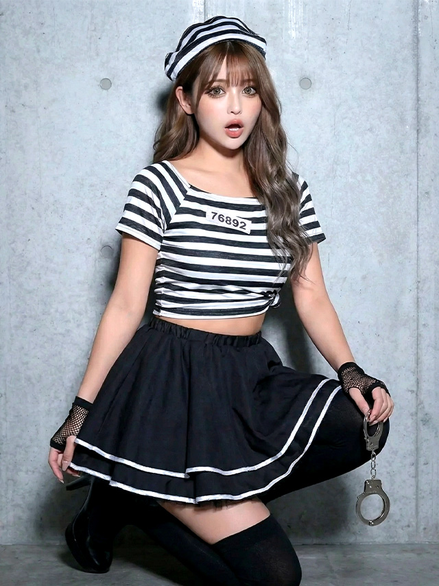手錠付きボ―ダ―Tシャツ＆チュールフレアスカートセットアッププリズナーガール