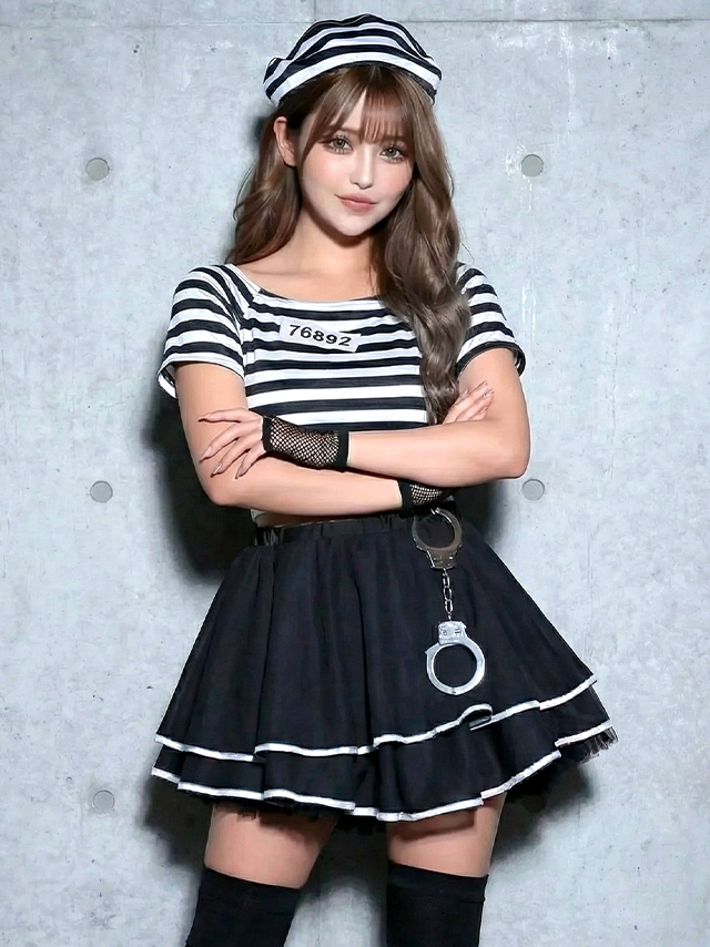 手錠付きボ―ダ―Tシャツ＆チュールフレアスカートセットアッププリズナーガール