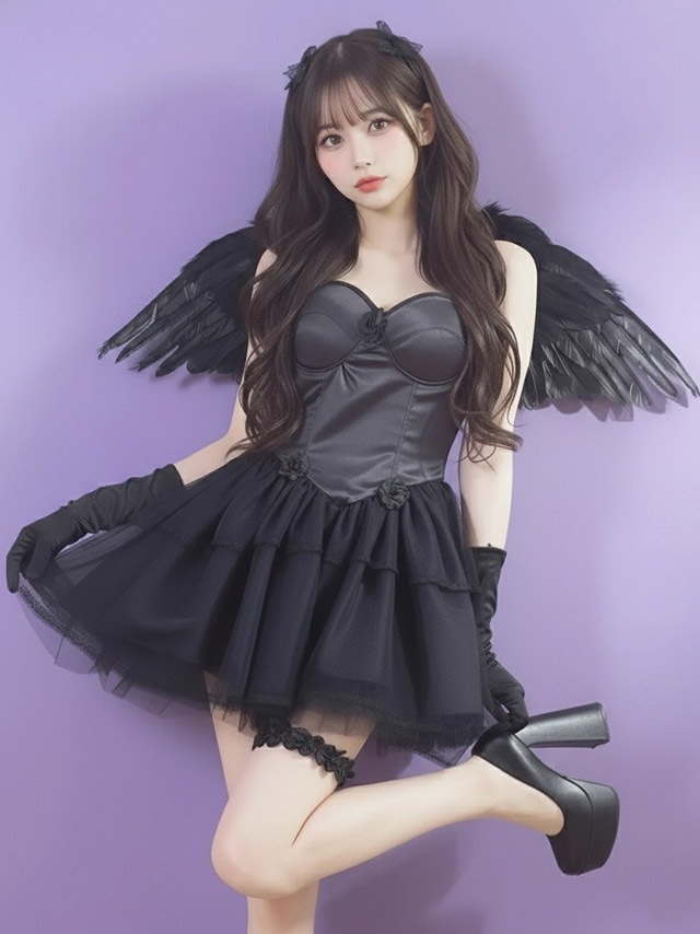 コスプレ セクシーブラックフレアスカート羽付きデビル 
