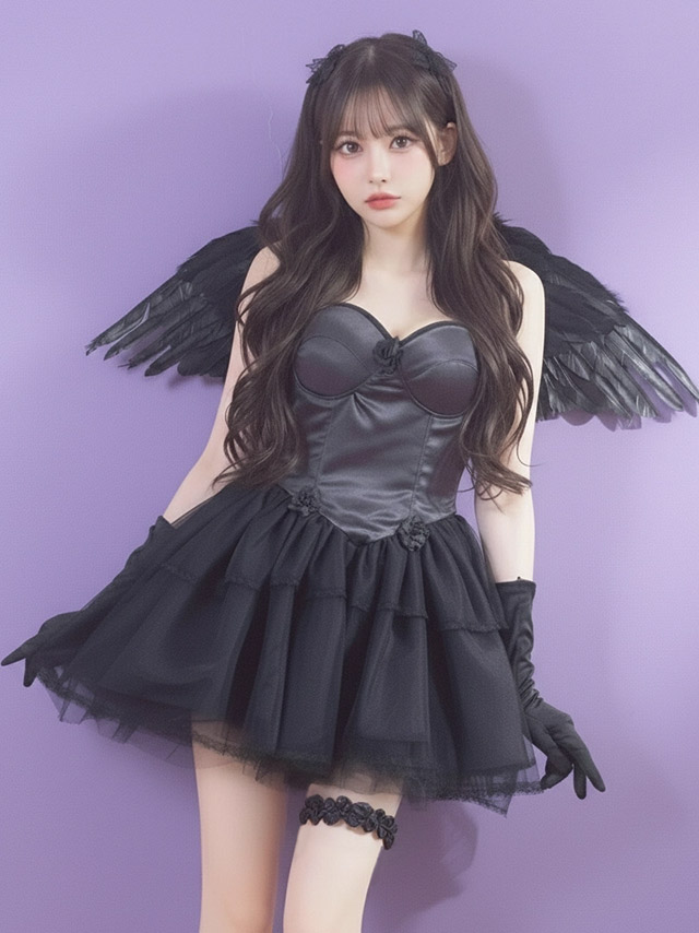コスプレ セクシーブラックフレアスカート羽付きデビル 