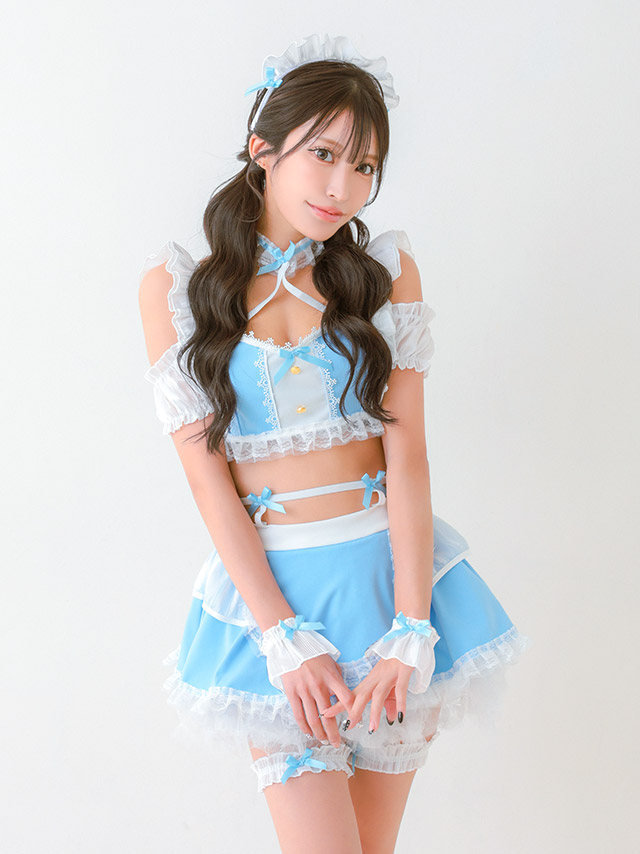 コスプレ メイド フリル リボン ランジェリー風 ガーリー 5点セット の立ち姿イメージ画像3枚目