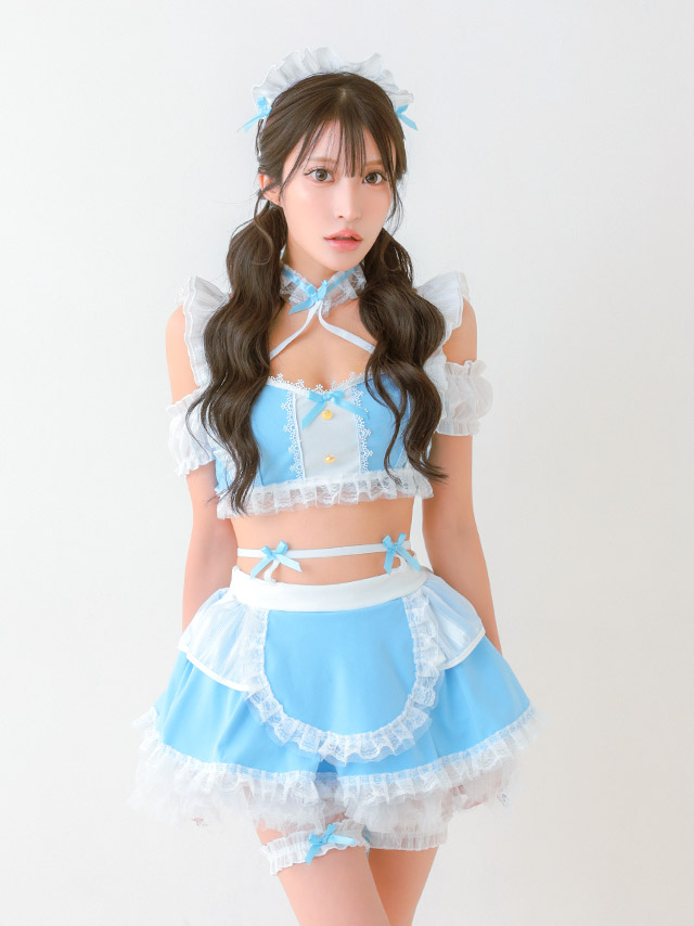 コスプレ メイド フリル リボン ランジェリー風 ガーリー 5点セット の立ち姿イメージ画像5枚目