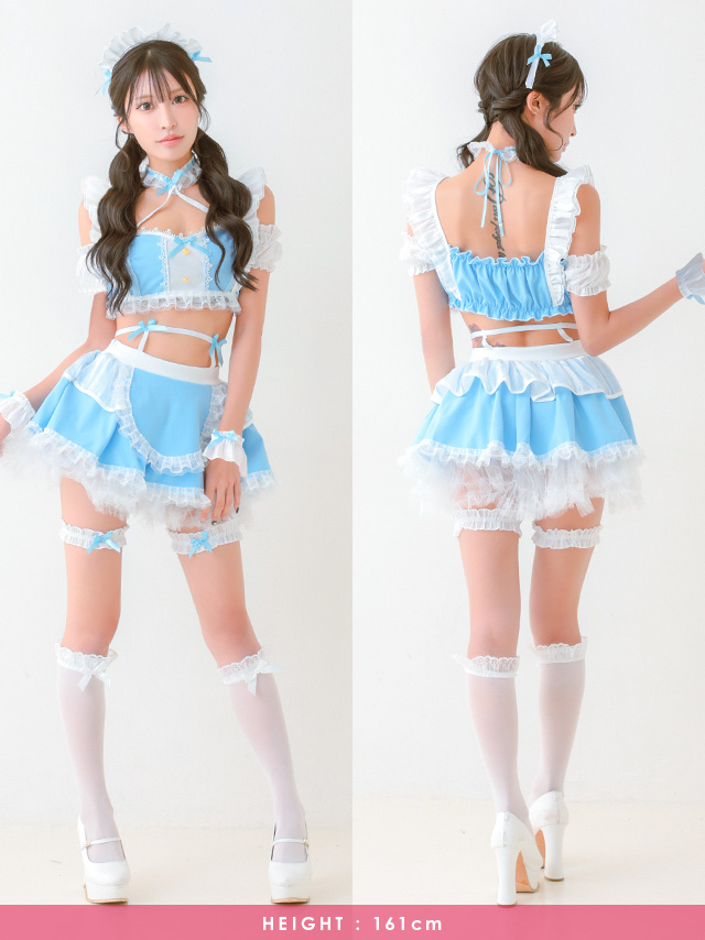 コスプレ メイド フリル リボン ランジェリー風 ガーリー 5点セット のフロント・バック画像1枚目