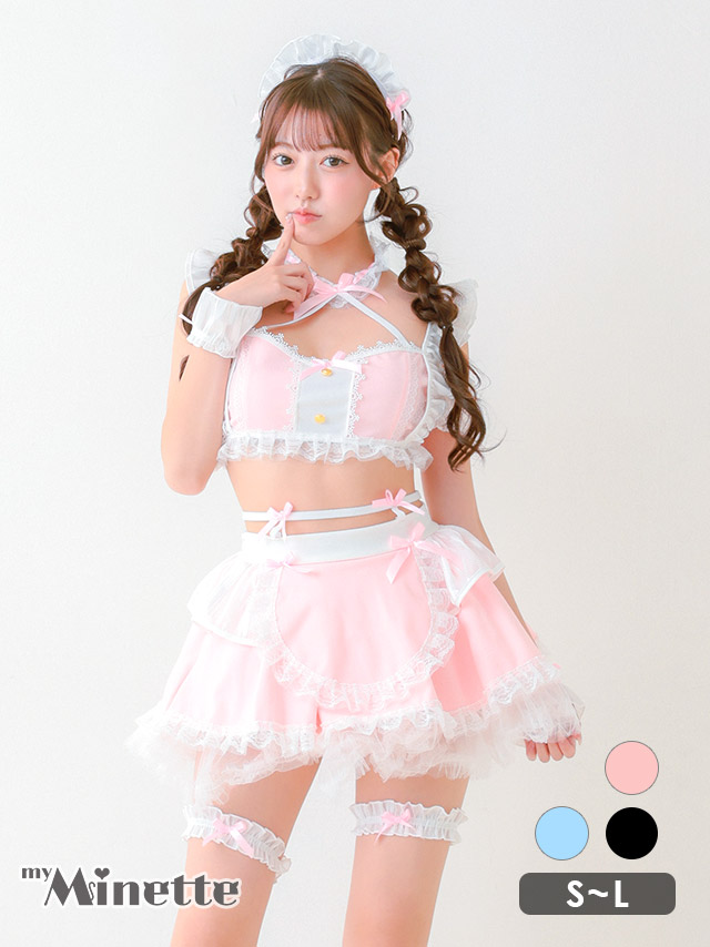 コスプレ メイド フリル リボン ランジェリー風 ガーリー 5点セット のカラー画像2枚目