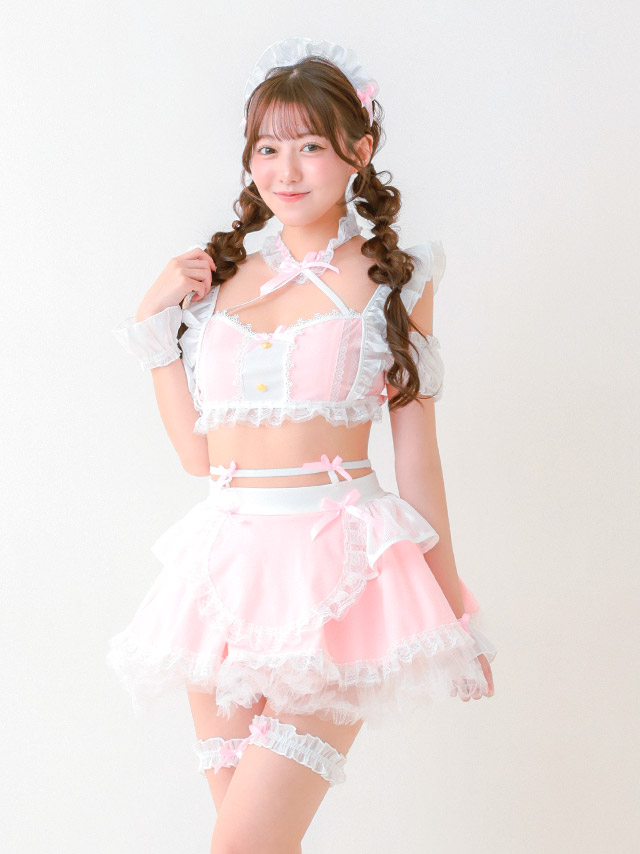 コスプレ メイド フリル リボン ランジェリー風 ガーリー 5点セット の立ち姿イメージ画像6枚目
