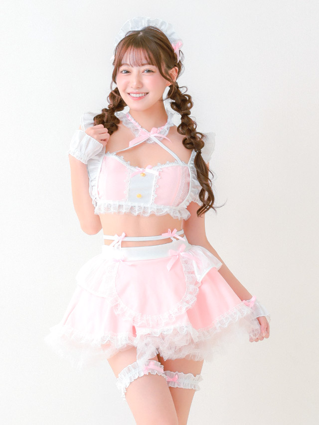 コスプレ メイド フリル リボン ランジェリー風 ガーリー 5点セット の立ち姿イメージ画像8枚目