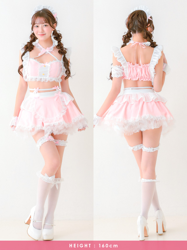 コスプレ メイド フリル リボン ランジェリー風 ガーリー 5点セット のフロント・バック画像2枚目