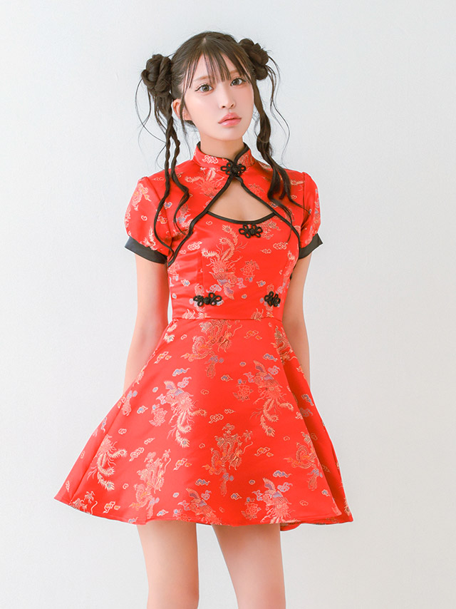 コスプレ チャイナ ジャガード風 バストカット レッド 1点セット の立ち姿イメージ画像1枚目