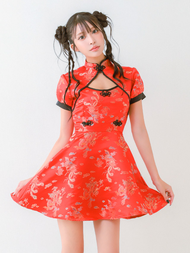 コスプレ チャイナ ジャガード風 バストカット レッド 1点セット の立ち姿イメージ画像3枚目