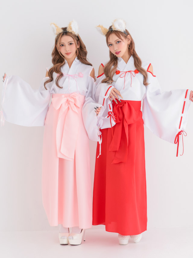 コスプレ 巫女 アニマル 狐 お化けの日 体型カバー 新年 和装 リボン 長袖 肩あき[4点セット ]の商品画像2枚目