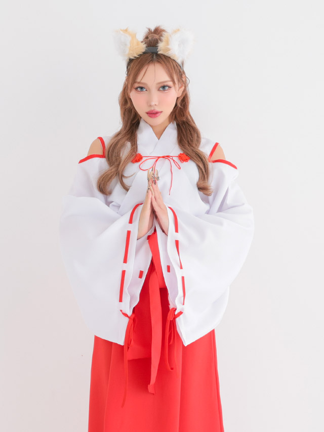 コスプレ お化けの日 巫女 体型カバー アニマル 狐 新年 和装 リボン 長袖 リボン 肩あき[4点セット]の商品画像3枚目