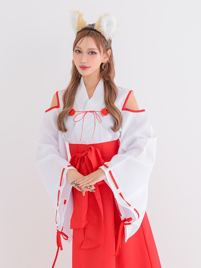 コスプレ 巫女 アニマル 狐 お化けの日 体型カバー 新年 和装 リボン 長袖 肩あき[4点セット ]の商品画像3枚目