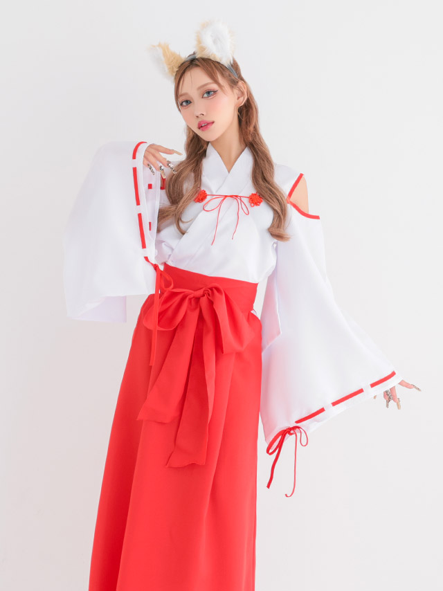 コスプレ 巫女 アニマル 狐 お化けの日 体型カバー 新年 和装 リボン 長袖 肩あき[4点セット ]の商品画像3枚目