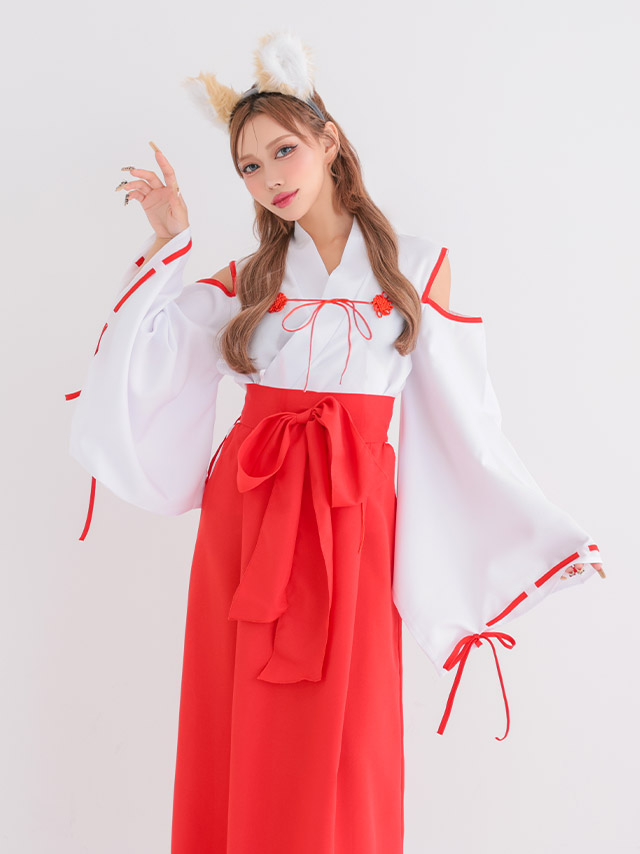 コスプレ 巫女 アニマル 狐 お化けの日 体型カバー 新年 和装 リボン 長袖 肩あき[4点セット ]の商品画像3枚目