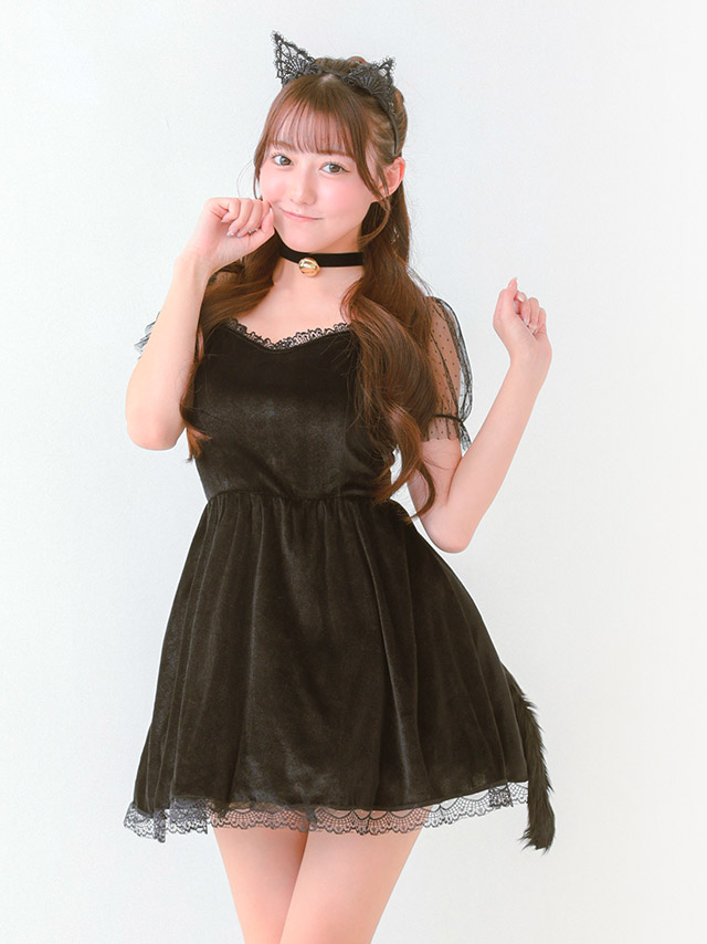コスプレ アニマル 猫 ドットシアー柄 ベロア レース フレアスカート 3点セット の立ち姿イメージ画像3枚目