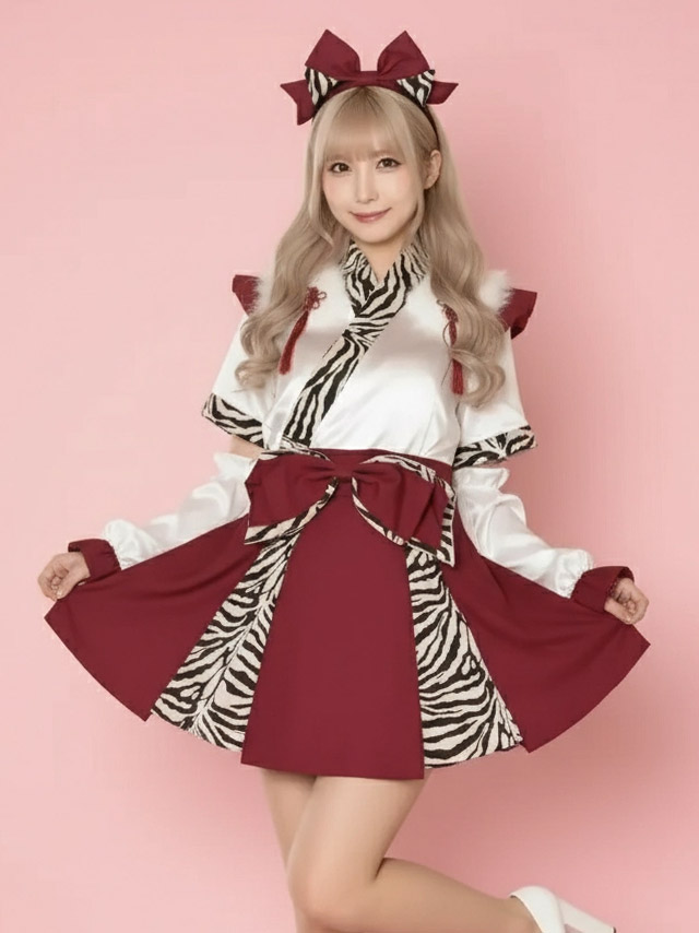 巫女 コスプレ 鬼 節分 お化けの日 タッセル付き フレアスカート 体型カバー ガーリー リボン フリル の商品画像3枚目