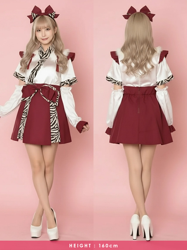 巫女 コスプレ 鬼 節分 お化けの日 タッセル付き フレアスカート 体型カバー ガーリー リボン フリル のフロント