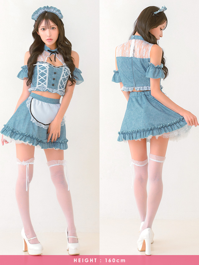 コスプレ メイド デニム風 レースアップ フリル リボン フレアスカート 5点セット のフロント・バック画像