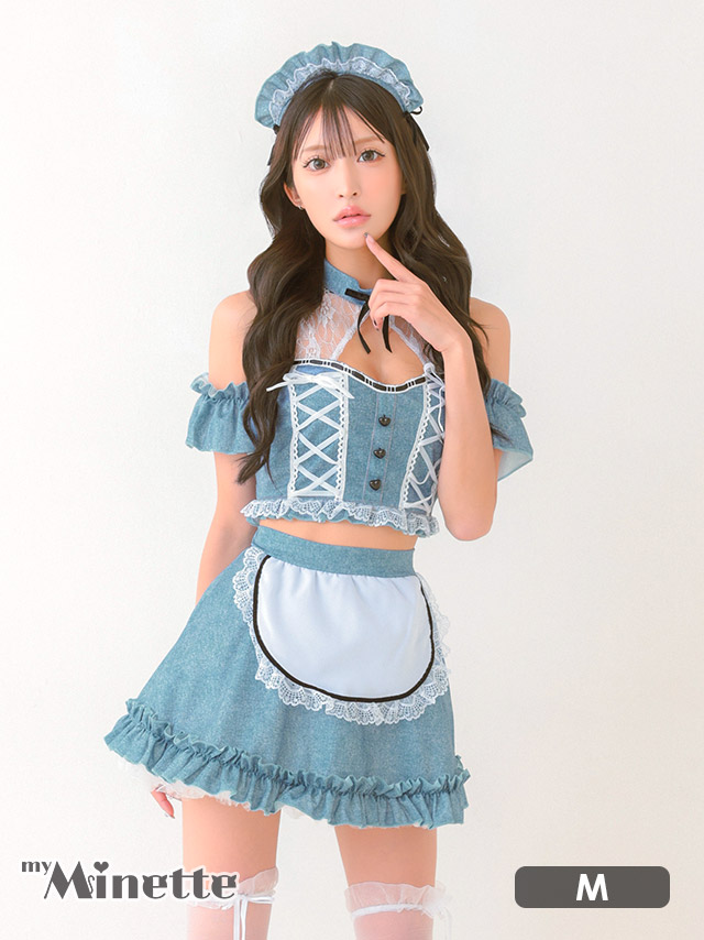 コスプレ メイド デニム風 レースアップ フリル リボン フレアスカート 5点セット のメイン画像