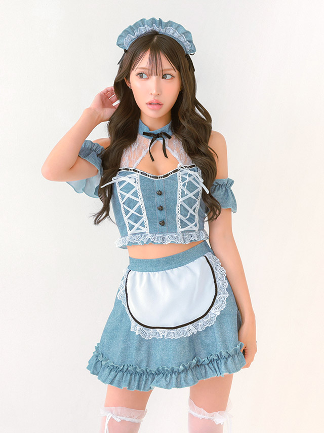 コスプレ メイド デニム風 レースアップ フリル リボン フレアスカート 5点セット の立ち姿イメージ画像3枚目