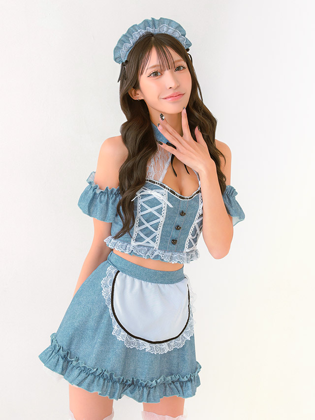 コスプレ メイド デニム風 レースアップ フリル リボン フレアスカート 5点セット の立ち姿イメージ画像4枚目