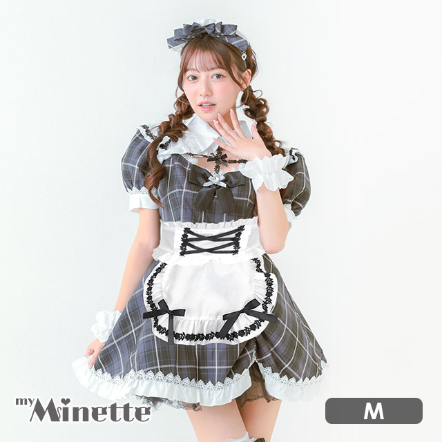 コスプレ メイド 制服 フリル タータンチェック柄 リボン ガーリー 5点セット のメイン画像