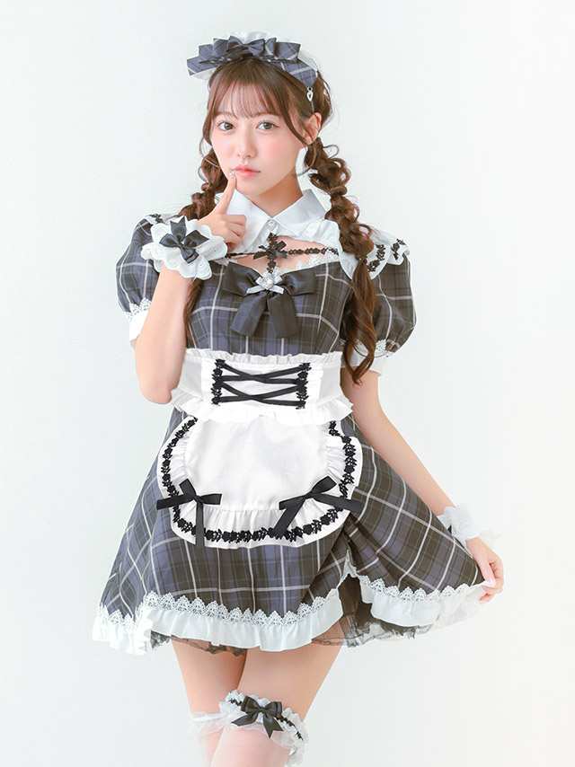 コスプレ メイド 制服 フリル タータンチェック柄 リボン ガーリー 5点セット の立ち姿イメージ画像1枚目