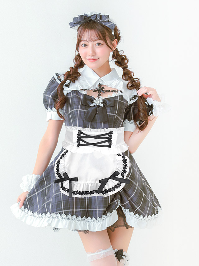 コスプレ メイド 制服 フリル タータンチェック柄 リボン ガーリー 5点セット の立ち姿イメージ画像2枚目