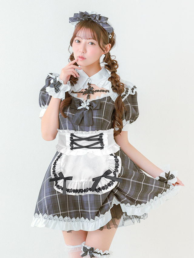 コスプレ メイド 制服 フリル タータンチェック柄 リボン ガーリー 5点セット の立ち姿イメージ画像4枚目