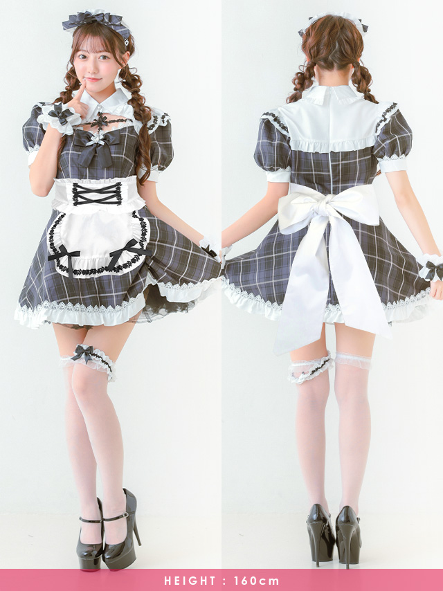 コスプレ メイド 制服 フリル タータンチェック柄 リボン ガーリー 5点セット のフロント・バック画像