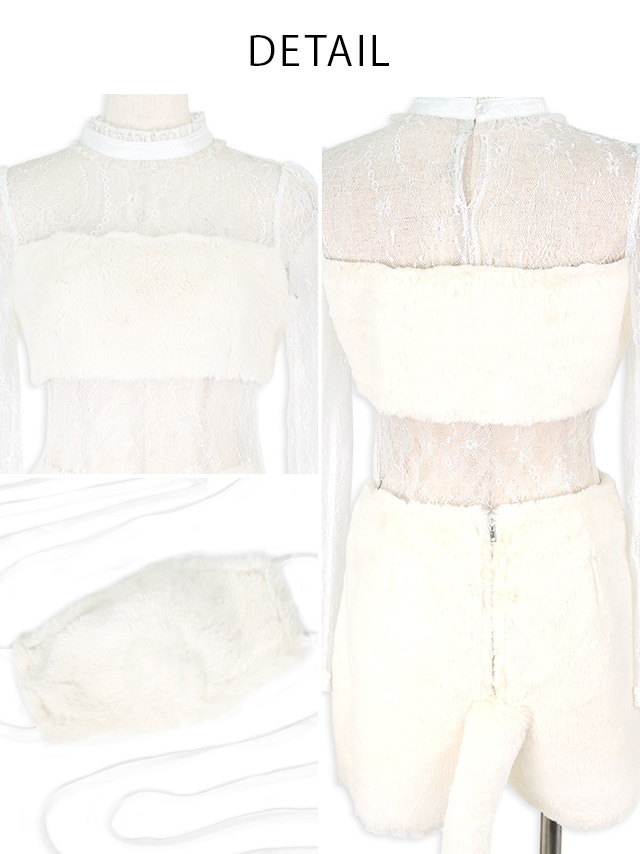 ハイネックレースふわふわファー袖ありガーリー尻尾付き猫アニマル