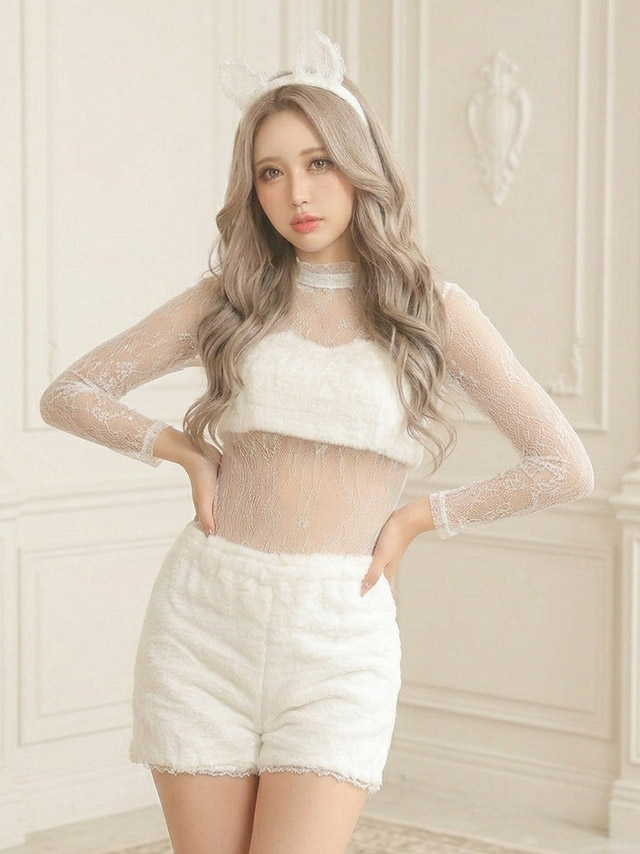 ハイネックレースふわふわファー袖ありガーリー尻尾付き猫アニマル