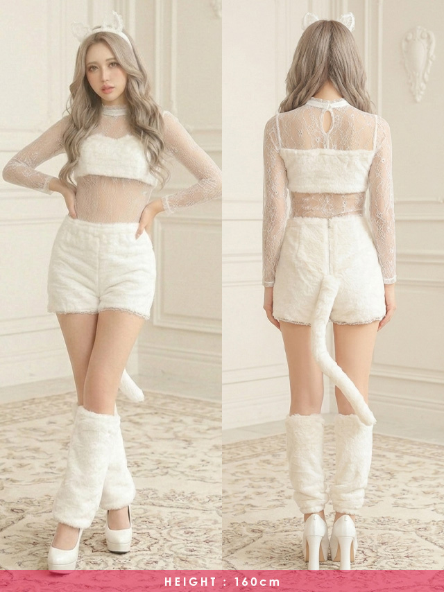 ハイネックレースふわふわファー袖ありガーリー尻尾付き猫アニマル