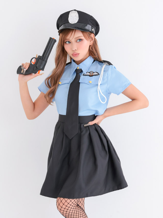 コスプレ プチプラ ポリス 制服 スカート フレア 半袖 露出控えめ 4点セット商品画像2