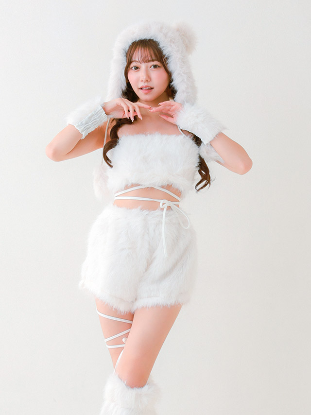コスプレ テディベア アニマル もこもこ ホワイト キュート へそ出し 6点セット の立ち姿イメージ画像3枚目