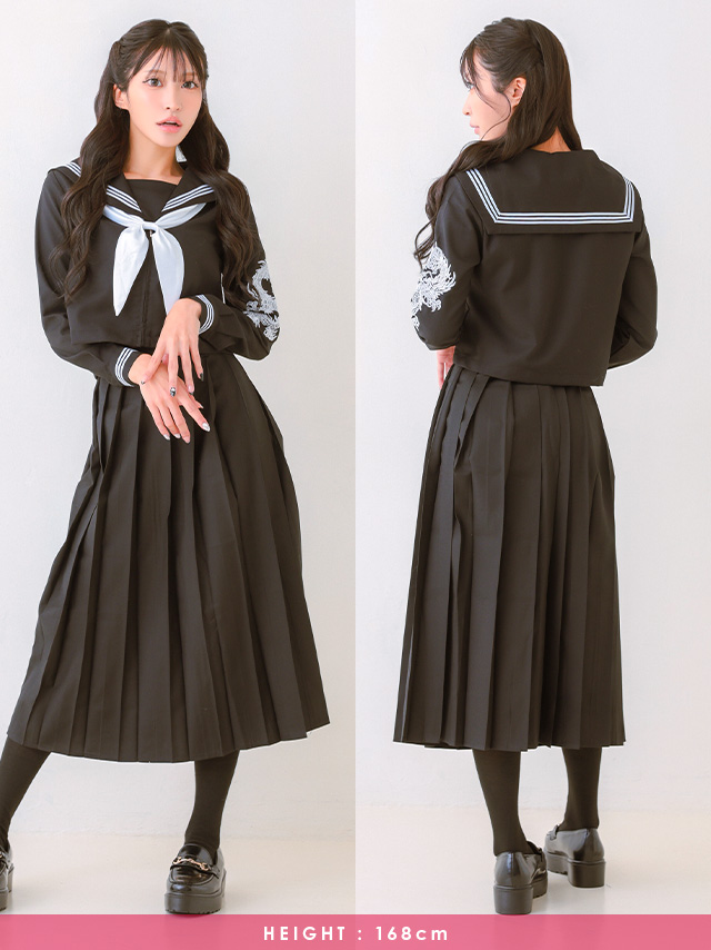 コスプレ セーラー制服 ロング ドラゴン刺繍 体型カバー ホワイト 4点セット のフロント・バック画像