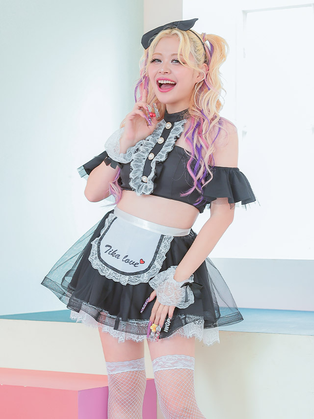 コスプレ ロリータ風レースフリルショルダーカットフレアスカートセットアップセクシーメイドの5枚目