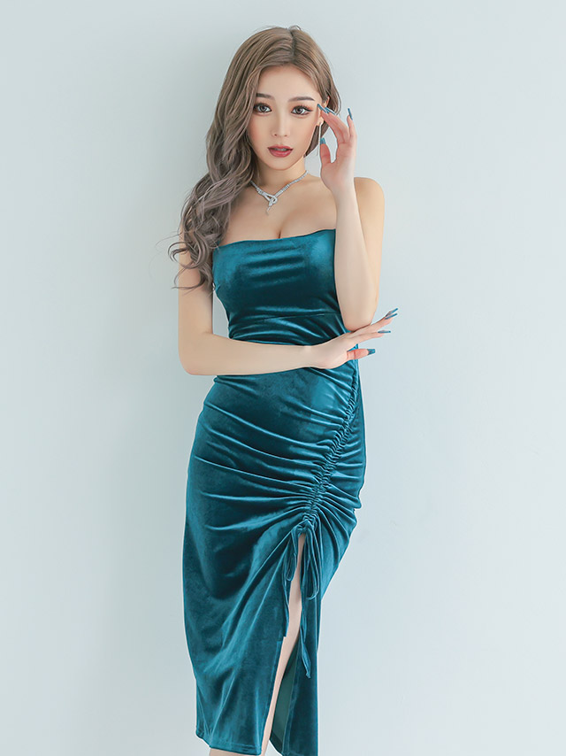 ベロア編み上げキャミソールスリットタイトプチプラ膝丈ドレス 