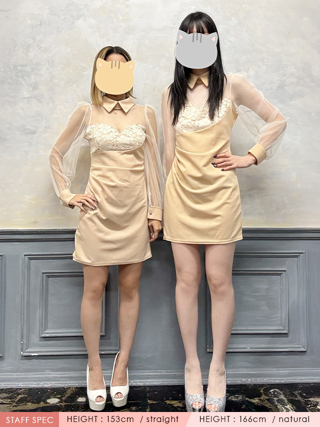 チェック柄ツイード×パールボタンキャミソールノースリーブ台形フレアミニドレススタッフ着用画像