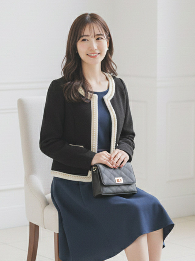 ノーカラーワッフルパール縁取りボレロジャケット